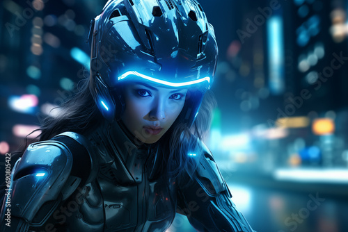 Obraz na płótnie portrait of a girl in a motorcycle helmet against the backdrop of a night city, neon light and rain w salonie