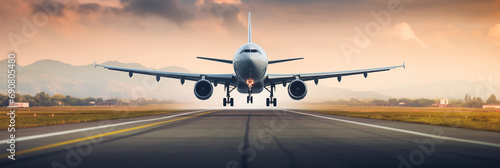 A commercial airplane landing on a runway. Banner image. Generative AI. photo