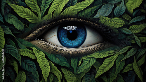 un œil ouvert sur un fond de feuilles vertes - illustration 