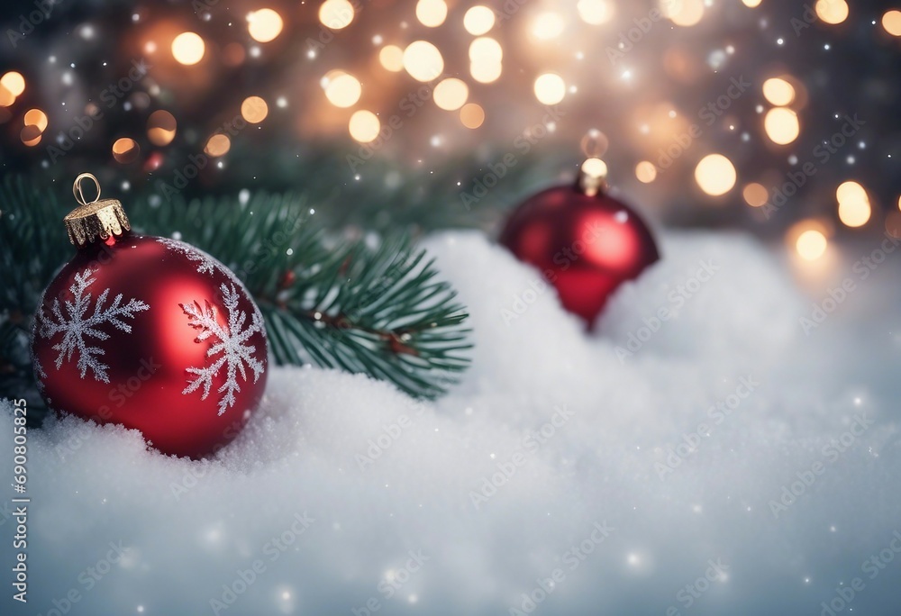 Merry Christmas - Baubles On Snow With Fir Branches Merry Christmas - Baubles On Snow With Fir Branches