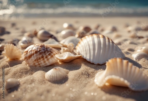 Seashells on seashore - beach holiday background © ArtisticLens