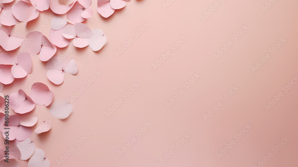 pink paper petals on a pink background with copy space.