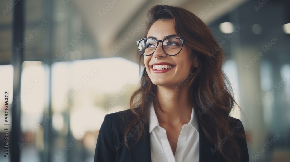 Young happy cheerful professional business woman, happy laughing female office worker wearing glasses looking away, copy space, 16:9 Young happy cheerful professional business woman, happy laughing female office worker wearing glasses looking away, copy space, 16:9