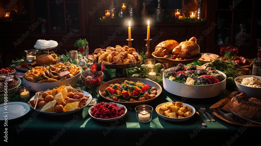 Christmas Dinner table full of dishes with food and snacks, 16:9