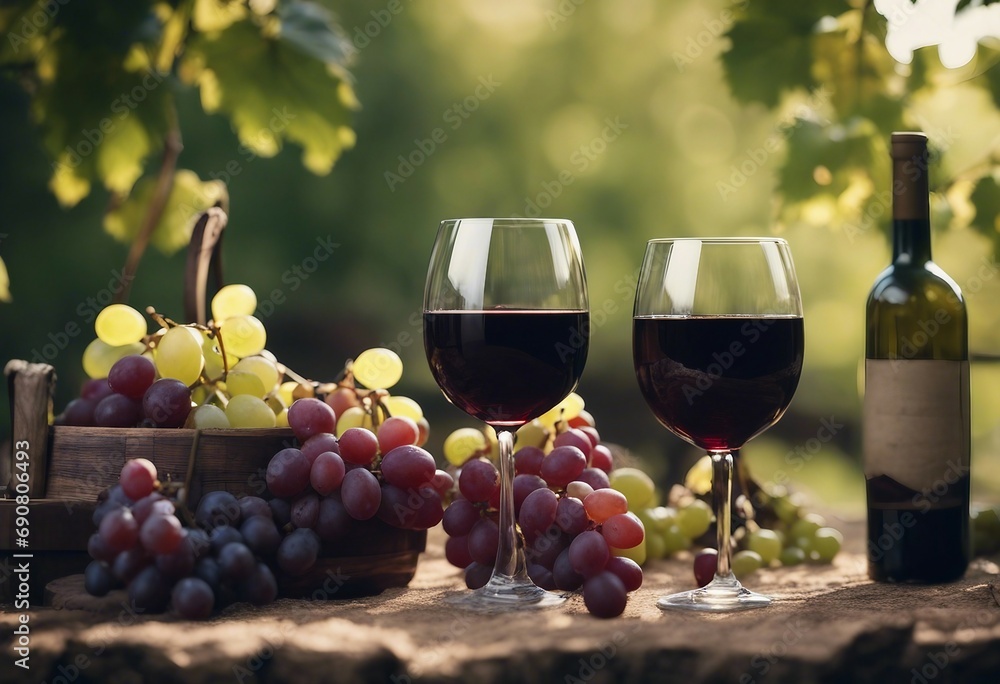 Bottles And Wineglasses With Grapes And Barrel In Rural Scene