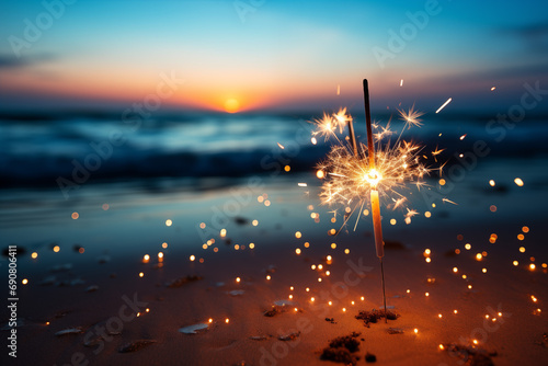 Sparklers On The Beach as Close Up with Blurry Background, Romantic, New Year, Celebration