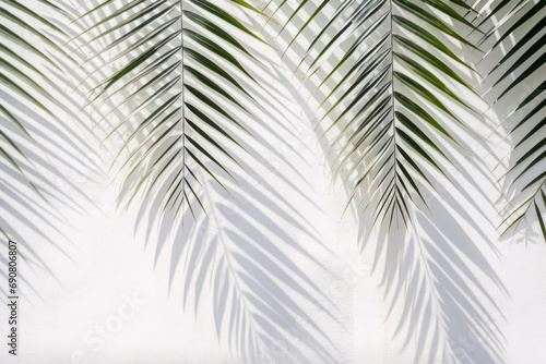 Abstract shadow of palm leaves on white concrete wall, texture background.