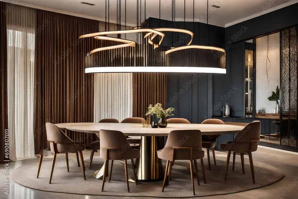 An elegant dining room with a minimalist table, chairs, and chic pendant lighting