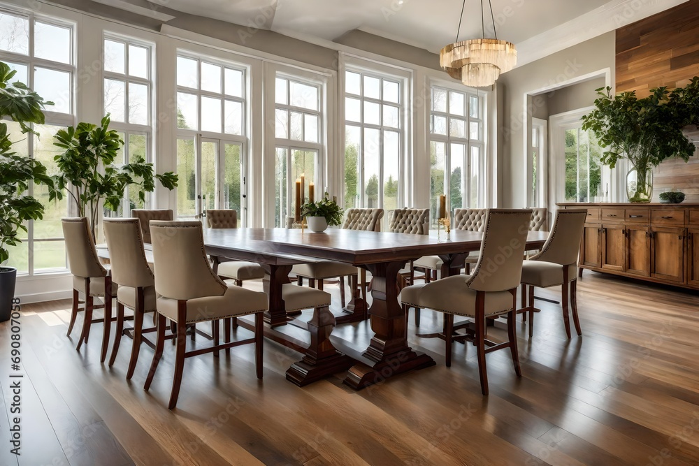 A spacious dining room with a wall of windows and uncomplicated chairs and table