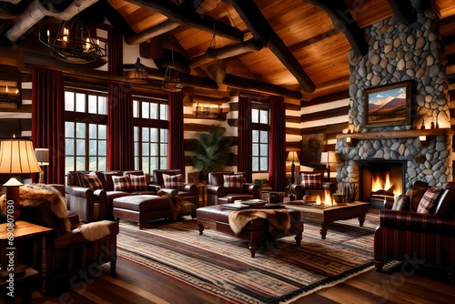 A classic mountain lodge interior with plaid upholstery and fur accents