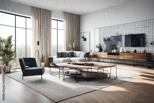 A minimalist living room with sleek lines  neutral colors  and geometric decor