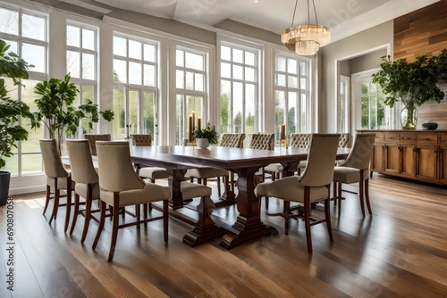 A spacious dining room with a wall of windows and uncomplicated chairs and table