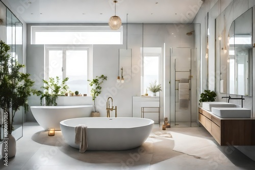A serene bathroom with neutral tiles  a freestanding bathtub  and subtle accents