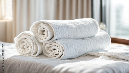White fresh clean towels on the bed comfort