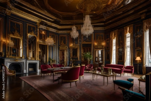 A grand drawing room with elaborate molding, gilded mirrors, and vintage Louis XIV-style furnishings © ANAS