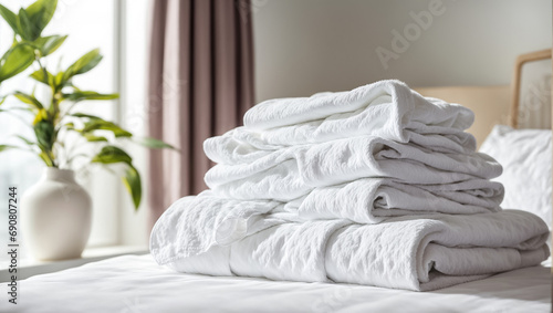 White fresh clean towels on the bed