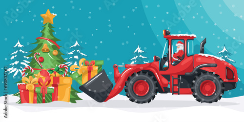 Santa Claus driving front loader carrying gifts to a Christmas tree. Christmas winter landscape with snow. Celebrating the beginning of a happy new year. Heavy machinery in the construction industry