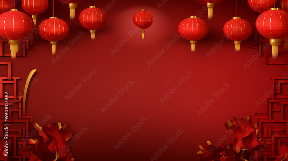 chinese new year card background with two lanterns in red, in the style of repetitive, rounded