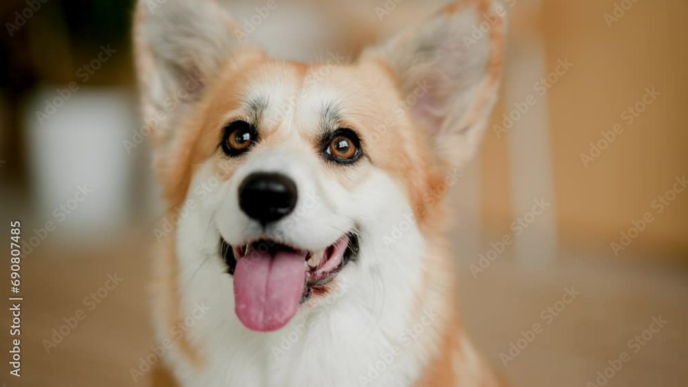Portrait of adorable, happy smiling dog of the corgi breed. Beloved pet in the beautiful home. Portrait of adorable, happy smiling dog of the corgi breed. Beloved pet in the beautiful home.