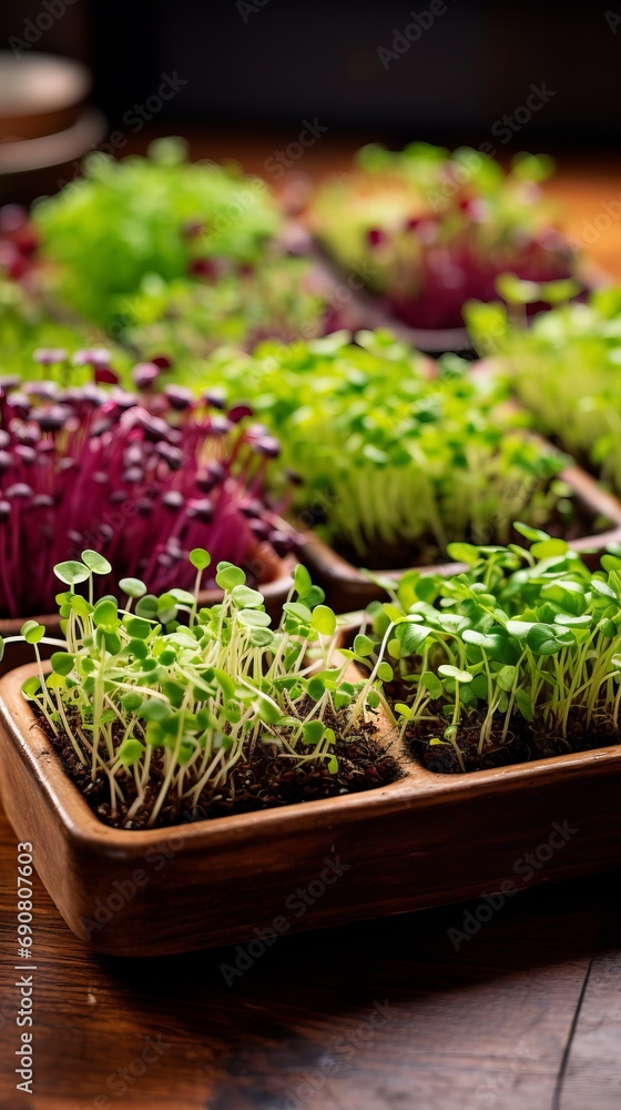 Microgreen shoots arranged on a sleek wooden tabletop Microgreen shoots arranged on a sleek wooden tabletop