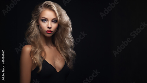 A beautiful blonde woman with a black dress and red lips posing in a dark background.