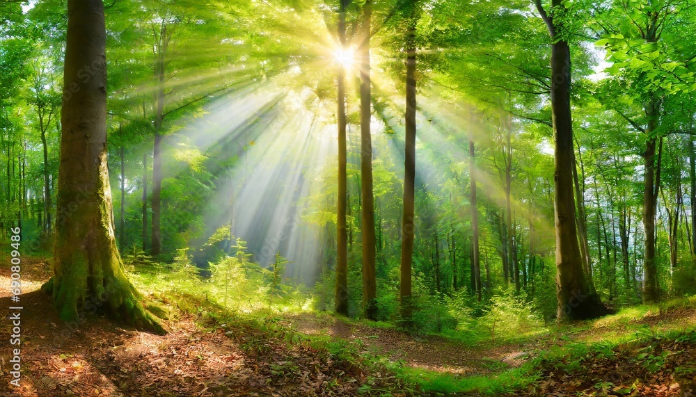 Wald Panorama mit Sonnenstrahlen Wald Panorama mit Sonnenstrahlen