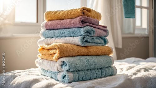colored fresh clean towels on the bed