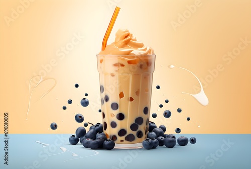 Bubble tea milkshake with fruits, dessert with tapioca balls, cold Chinese summer cocktail. photo