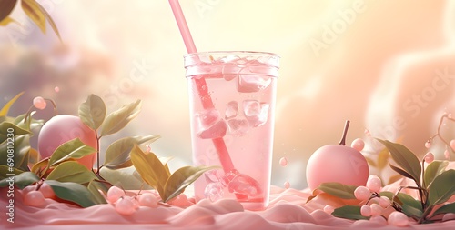 Bubble tea milkshake with fruits, dessert with tapioca balls, cold Chinese summer cocktail. photo