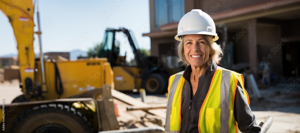 woman working on a construction site, construction hard hat and work vest, smirking, middle aged or older, woman working on a construction site, construction hard hat and work vest, smirking, middle aged or older,