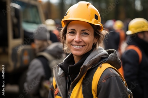 woman working on a construction site, construction hard hat and work vest, smirking, middle aged or older,