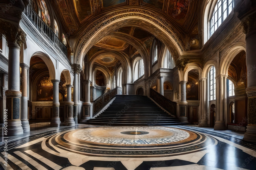 A grand entrance hall with mosaic tile flooring, a sweeping staircase, and frescoed ceilings