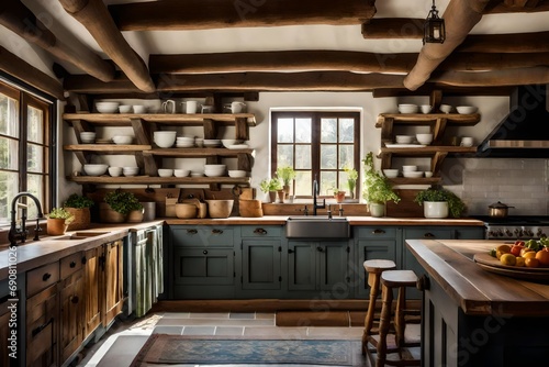A charming cottage kitchen with rustic wooden beams, farmhouse sink, and vintage ceramics