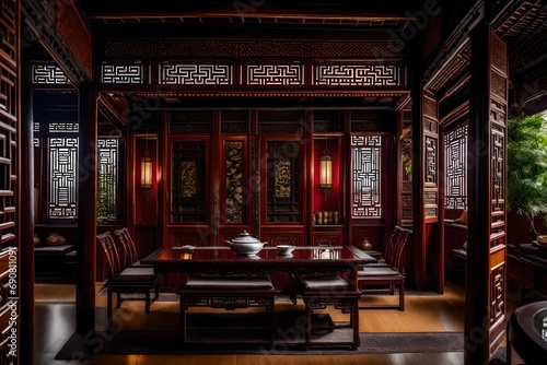 A sophisticated Chinese tea house with intricate woodwork, porcelain teapots, and silk cushions photo