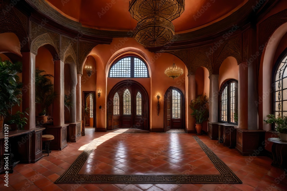 An exquisite living room with terra cotta floors, arched doorways, and ornate wrought iron accents