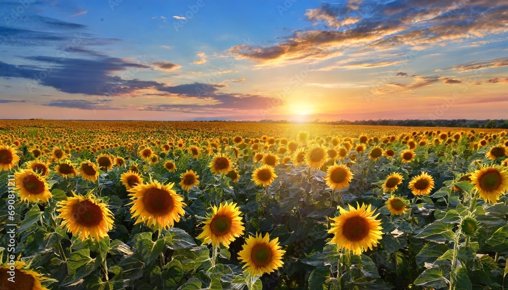 Fototapeta premium Summer landscape- beauty sunset over sunflowers field 