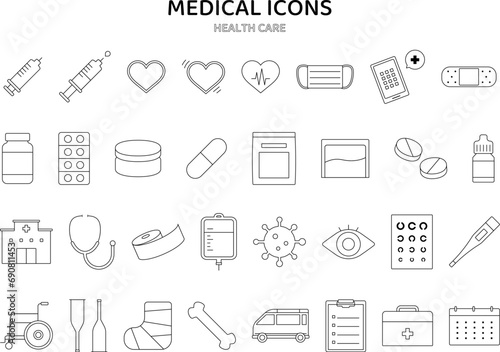 医療 シンプル アイコン セット ベクター 線 ライン 病院 健康 ヘルス メディカル イラスト