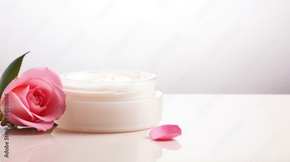 A pink rose sitting next to a jar of cream