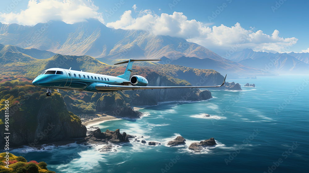 A Modern Aircraft Flying on Ocean and Mountains of Futuristic Technology Theme Background Selective Focus A Modern Aircraft Flying on Ocean and Mountains of Futuristic Technology Theme Background Selective Focus
