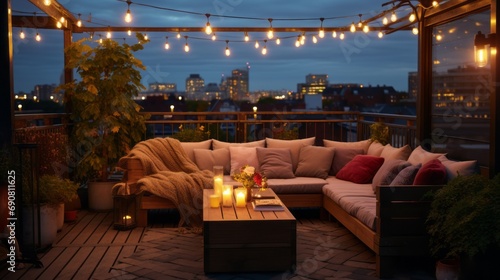 View over cozy outdoor terrace with outdoor string lights. Evening on the roof terrace of a beautiful house with lanterns photo