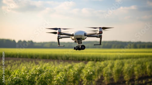 A small drone flying over a field of crops