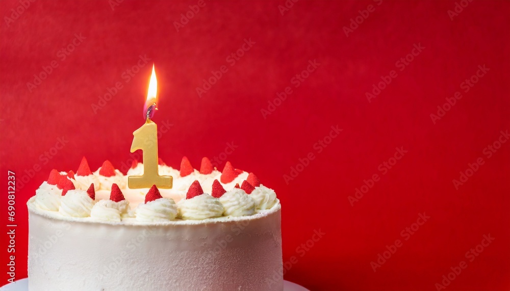 Birthday cake, 1 number and red background. - obrazy, fototapety, plakaty 