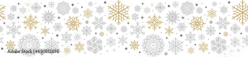 Winter snowflakes border minimal vector background. Macro snowflakes flying seamless border design, holiday card with many flakes confetti