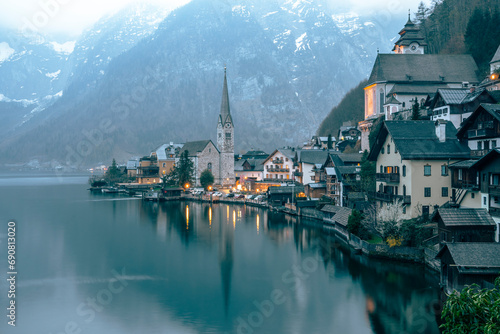 Great promotional photos of Austrian dream town Hallstatt landscapes with fantastic sunset colors and clouds in winter season