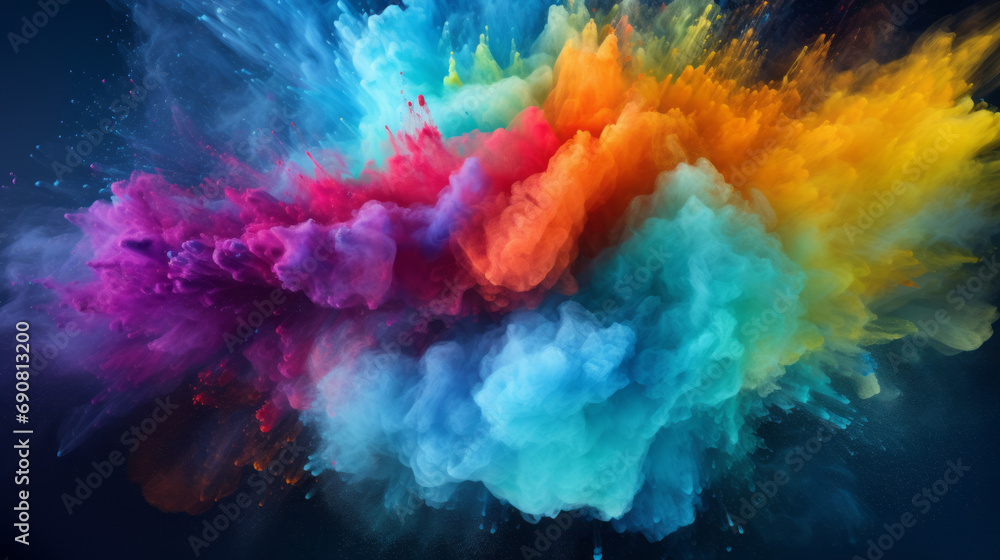 Multicolored dust and smoke explosion, on dark blue background Multicolored dust and smoke explosion, on dark blue background