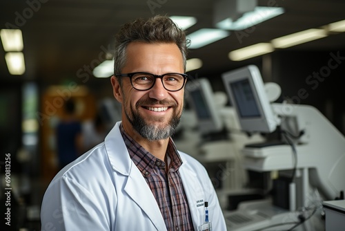 Smiling optometrist with glasses in a lab