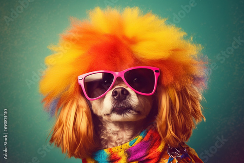Funny dog resting in disco on bright background © RealPeopleStudio