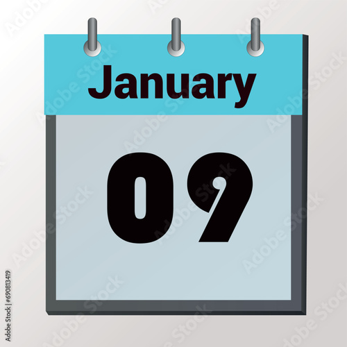vector calendar page with date January 9, light colors