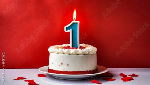 1 years Birthday cake With One Candle and red background