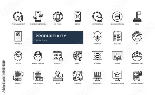 productivity work performance innovation teamwork detailed outline line icon set
